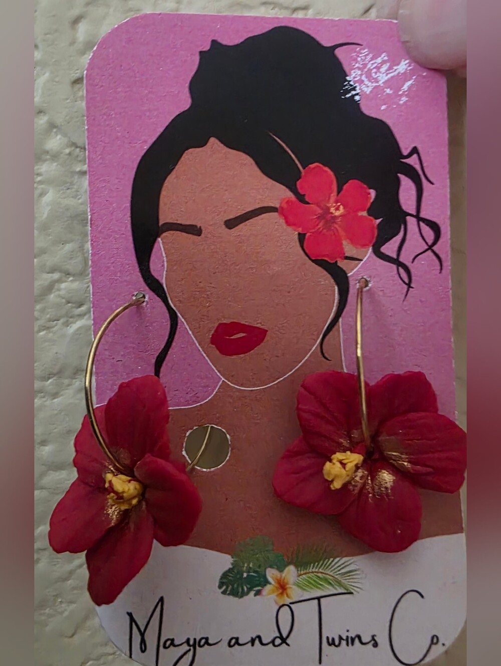 Maya and Twins Co Red Hibiscus Flower Gold Hoop Earrings Handmade Hawaii - Picture 4 of 6